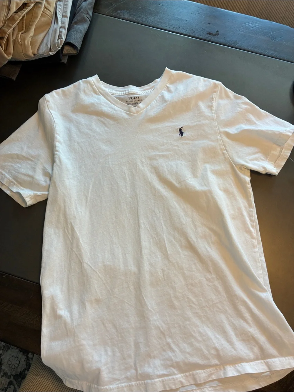 Ralph Lauren White V-Neck Tee with Navy Polo Logo